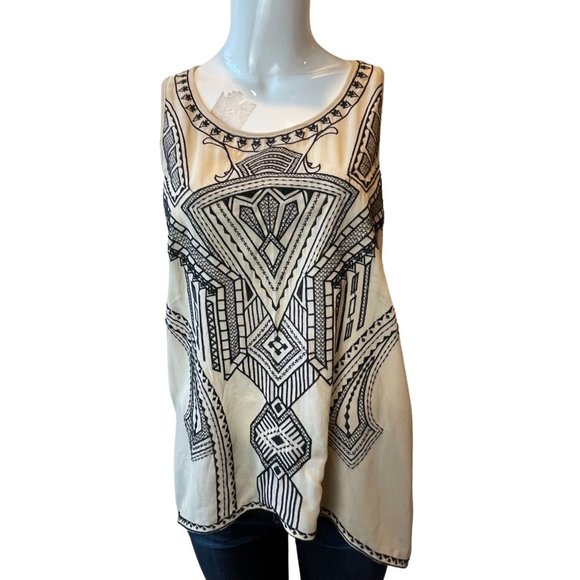 Luttour Women Asymmetrical Embroidered Blouse High Low Geometric Cream Black 1 - Picture 1 of 4